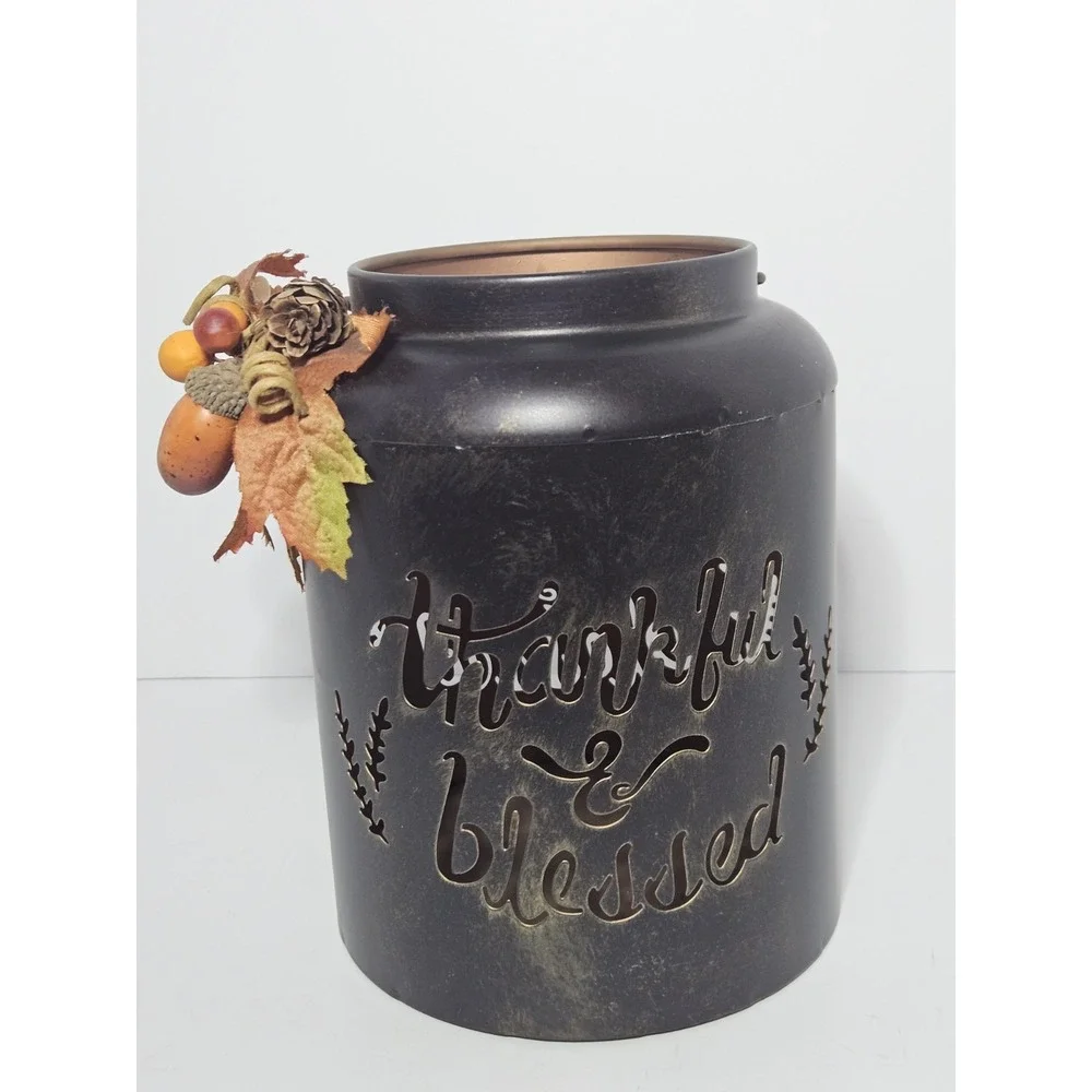 Thankful & Blessed Metal Candle Holder Cutout Jar Faux Foliage Acorn Fall Decor